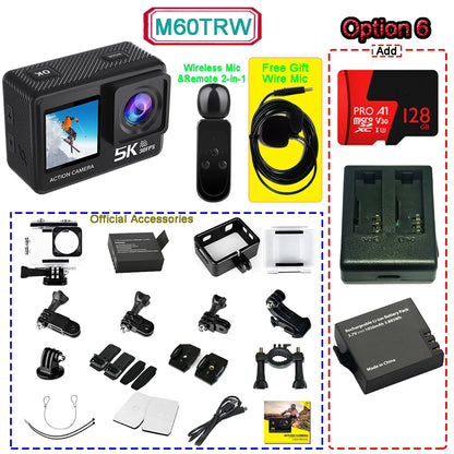 Action Camera 5K 4K60FPS  50MP 2" Touch Dual Screen 5X Zoom Wi-Fi EIS  170° DVR Webcam Wireless Mic 30M Waterproof Sport Camera