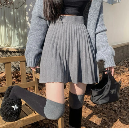 Women's Autumn Elegant A-Line Knitted Mini Skirt High Waist Pleated Skirt Femme Faldas Jupe Saia