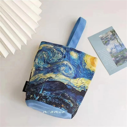 Van Gogh Oil Painting Bucket Bag Literary Portable Handbag Cup Bag Vintage Tote Canvas Bag for Girls