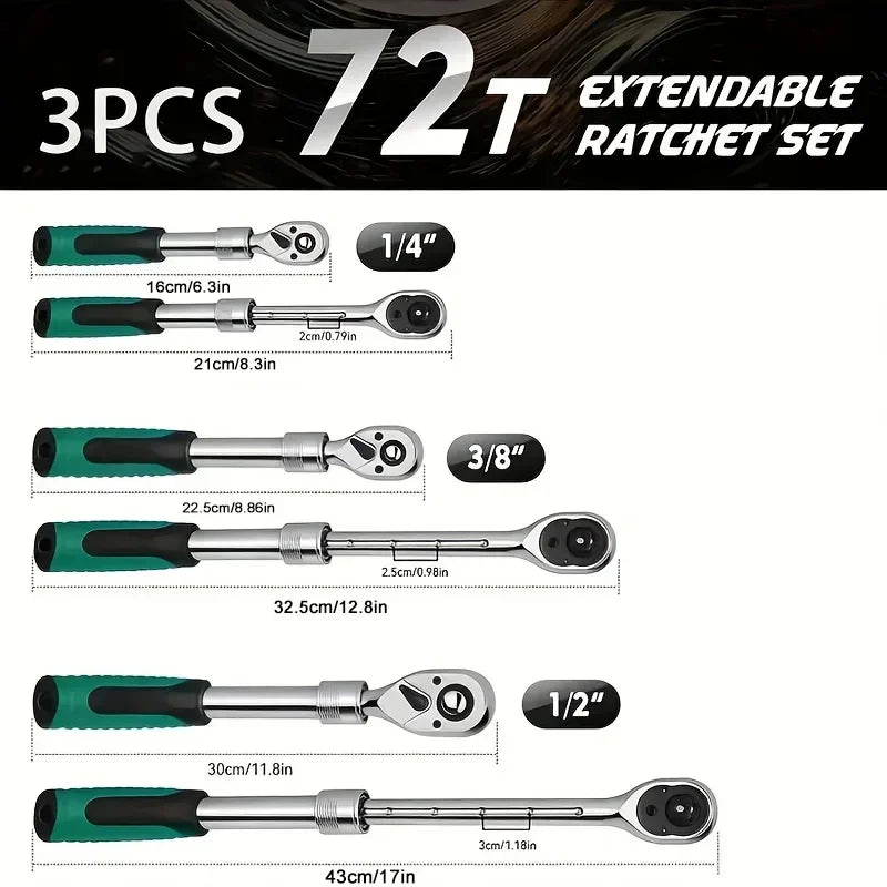 72-Tooth Ratchet Wrench Set, Chrome Vanadium Steel, Automatic Two-Way Mechanism, Stretchable, Ergonomic Grip, with Quick Socket