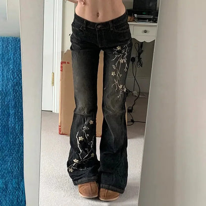 Floral Embroidery Jeans Women Y2K Streetwear Baggy Denim Pants Vintage 2000S Low Rise Flared Jeans Female High Street Trousers