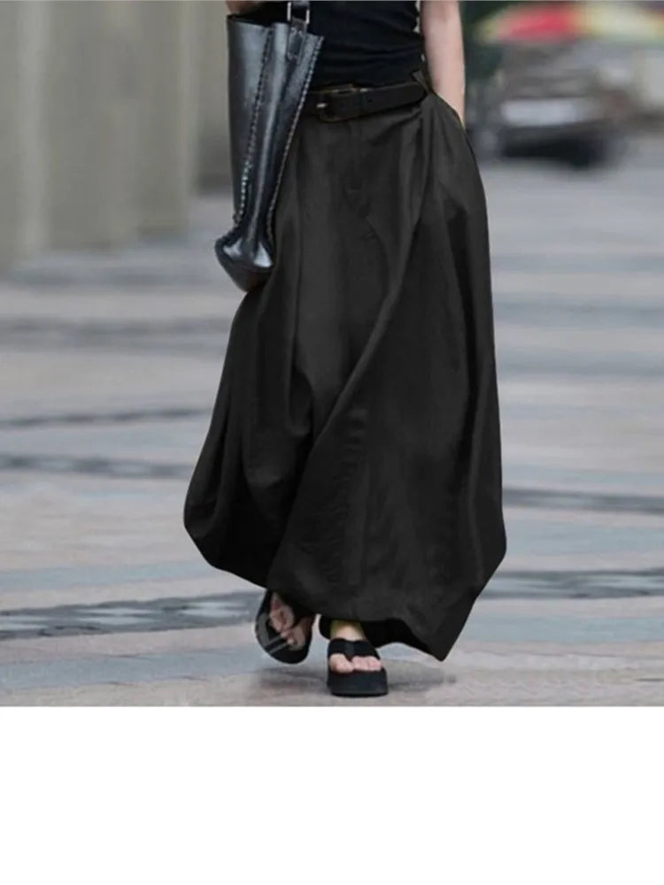 Autumn Women's Vintage Simple Skirt Summer Fashion Loose Solid Cotton Linen High Waist Casual Beach A-line Maxi Skirts Female