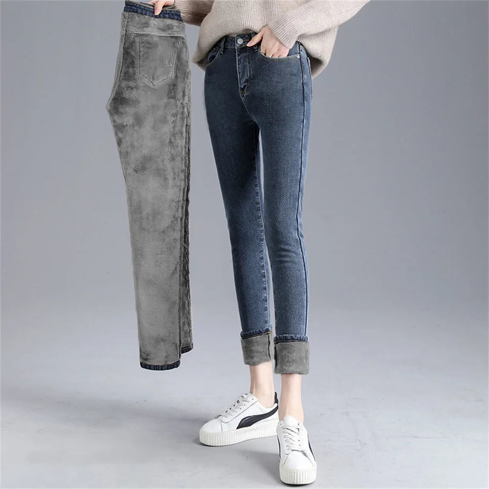 Winter Mid Waist Skinny Warm Jeans Women Plus Velvet Ankle Length Casual Thick Pencil Pants women clothing Fleece Denim Trousers