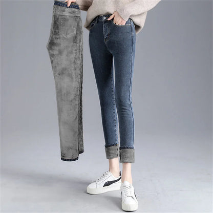 Winter Mid Waist Skinny Warm Jeans Women Plus Velvet Ankle Length Casual Thick Pencil Pants women clothing Fleece Denim Trousers
