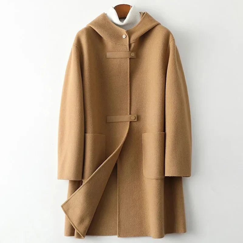 New Fashion Hooded Double-sided POLYESTER Coat Women Autumn Winter Double-sided Woolen Windbreakers Temperament Slim Wool Coats