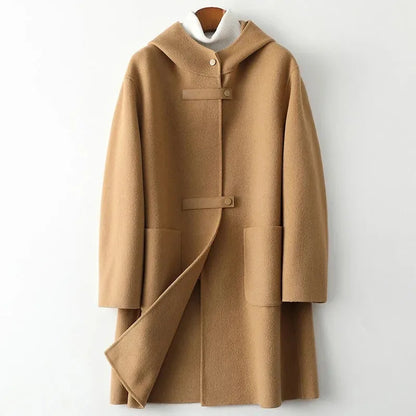 New Fashion Hooded Double-sided POLYESTER Coat Women Autumn Winter Double-sided Woolen Windbreakers Temperament Slim Wool Coats