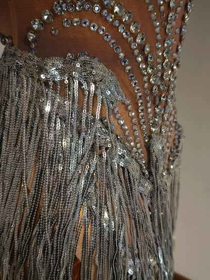 Sparkly Rhinestone Sequins Tassel Sexy Mesh See Through Dress Women Evening Birthday Party Nightclub Dance Singer Stage Outfit