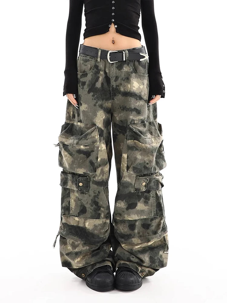 American Vintage Multi-pocket Camouflage Overalls Pants Women Y2K Streetwear Wide Leg Pants Popular Casual Straight Pants