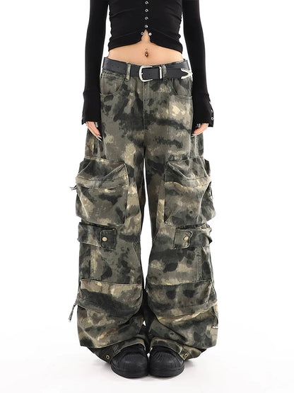 American Vintage Multi-pocket Camouflage Overalls Pants Women Y2K Streetwear Wide Leg Pants Popular Casual Straight Pants