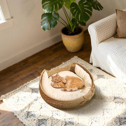 Cat Bed Cat Woven Nest Bed with Soft Cushion and Pillow All Season Weaving Pet Sleeping Resting Scratching Furniture for Puppy