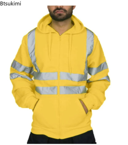 New Men's Reflective Strip Hoodie Jackets Spring Autumn Zipper Long Sleeve Fleece Sweatshirts High Visibility Night Work Jackets