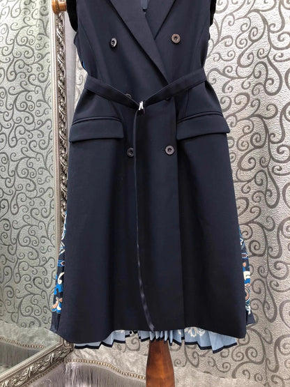 Top Quality New Blazer Dress 2025 Autumn Winter Women Notched Collar Vintage Floral Print Patchwork Belt Deco Dark Blue Dress