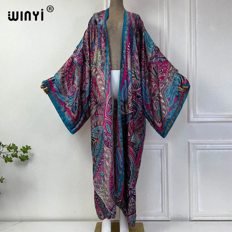 WINYI Classic bohemian beach cover up Swim Suit elegant African women boho Cardigan sexy Holiday long Sleeve Kimono beach dress