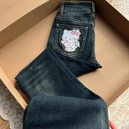 American Hello Kittys Jeans Y2K Women Cartoon Embroidery Denim Pant High Waist Wide Legs Spring Fall Casual Streetwear Trousers