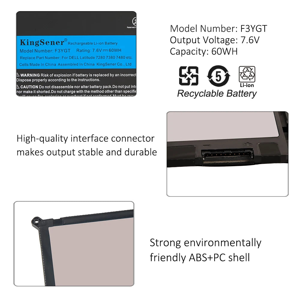 KingSener F3YGT 7.6V 60WH Laptop Battery for DELL Latitude 12 7000 E7280 E7290 E7380 E7390 E7480 E7490 Series DJ1J0