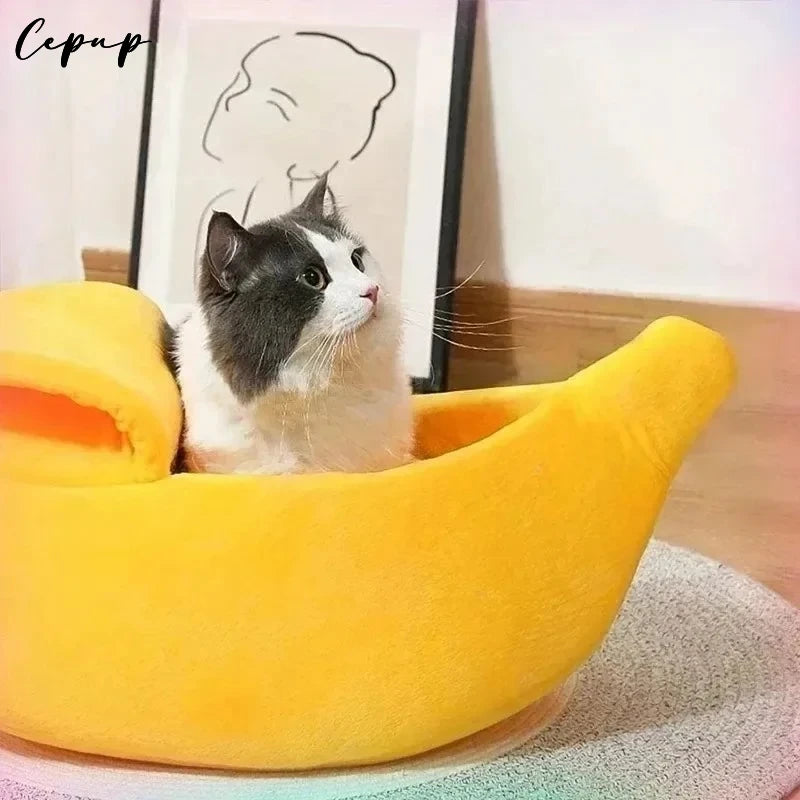 Banana cat bed super soft house lovely banana boat semi-closed warm pet bed cat accessories dog bed banana cushions with a lid