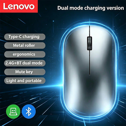 Lenovo Wireless Mouse with Type-C Fast Charging, Silent Click Dual-Mode for Multi-Device, 4 Adjustable DPI 2.4G + BT Dual-mode
