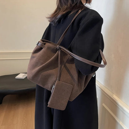 Suede Shoulder Bags for Women Large Capacity Totes Lightweight Underarm Bag Casual Shopper Handbag Solid Color Travel Bucket Bag
