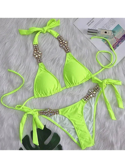 Halter Crystal Rhinestone Diamond Bikini 2025 Female Swimsuit Women Swimwear Two Pieces Bikini set Brazilian Bathing Suit Swim