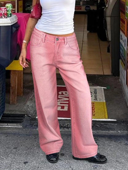 Street Pink Solid Gradient Washed Wide-Leg Jeans Mid-Rise Slant Pockets Suitable For Casual Everyday Streetwear All Season Match