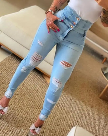 Women's Jeans 2022 Trend Autumn Fashion High Waist Buttoned Cutout Ripped Casual Skinny Plain Pocket Design Daily Long Jeans