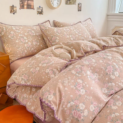 Skin-Friendly Double-Layer Yarn Bedding Set New Country Floral Soft Comforter Sets 100% Cotton Fitted Sheet Kit with Quilt Cover