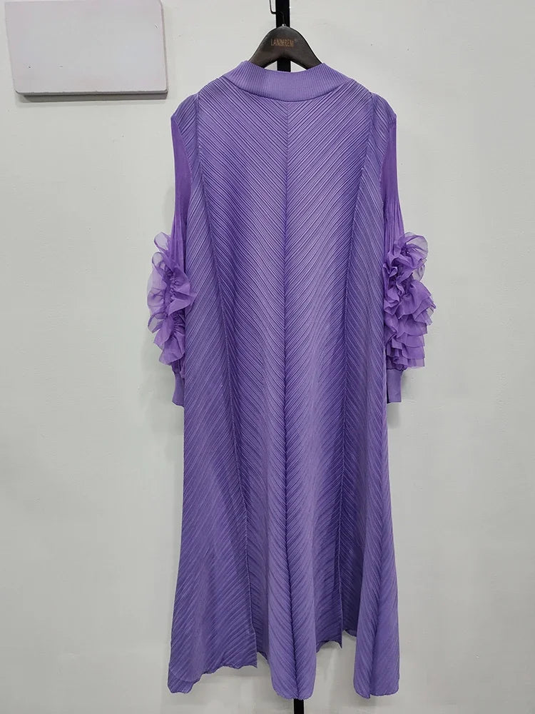 YUDX High Quality Maxi Miyake Pleated Dress Round Neck Spliced Fungus Full Sleeve Dresses For Women 2025 New Spring Clothing