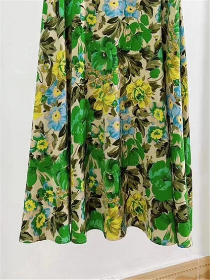 REALEFT High Waist Floral Printed Tulle Mi-long Women A-Line Skirts New 2024 Loose Female Umbrella Skirts Female Spring Summer
