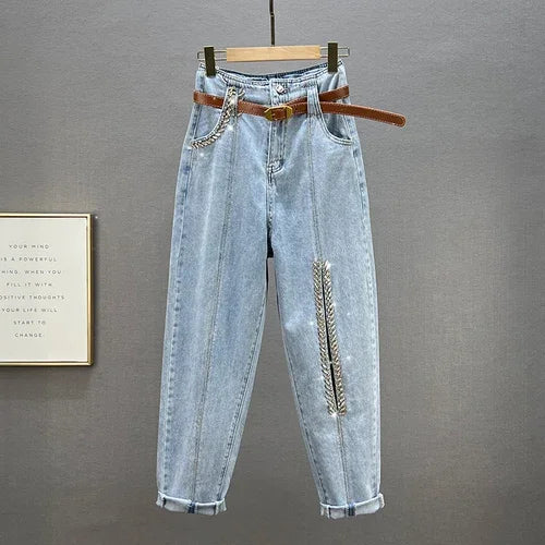 Hot Diamond Harem Jeans Women's 2022 New Summer Sexy Hollow Out High Waist Loose Slimming Denim Trousers Female Blue Baggy Pants