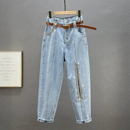 Hot Diamond Harem Jeans Women's 2022 New Summer Sexy Hollow Out High Waist Loose Slimming Denim Trousers Female Blue Baggy Pants
