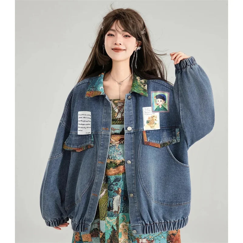 French Female Jacquard Bow Jeans Jacket Ladies Fashion Leisure Cowboy Outwear Spring Autumn Women Long Sleeves Denim Tops Coat