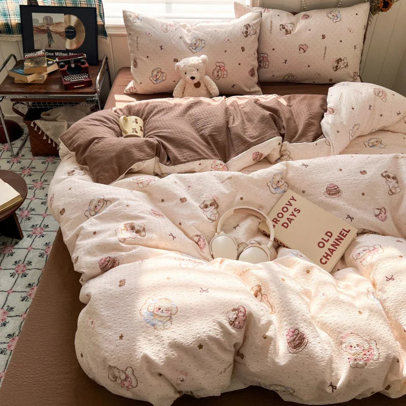 Ins Style Printed All-Cotton Bedding Set Antibacterial Dormitory Bedclothes for Students Comfort Skin-Friendly Home Decoration