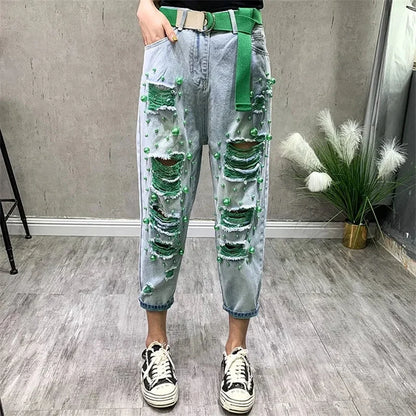 Spring Summer Hole Plus Size Jiufen Jeans Fashion Harem Pants Light Blue Loose Slim Flower Casual Temperament  Denim Pants
