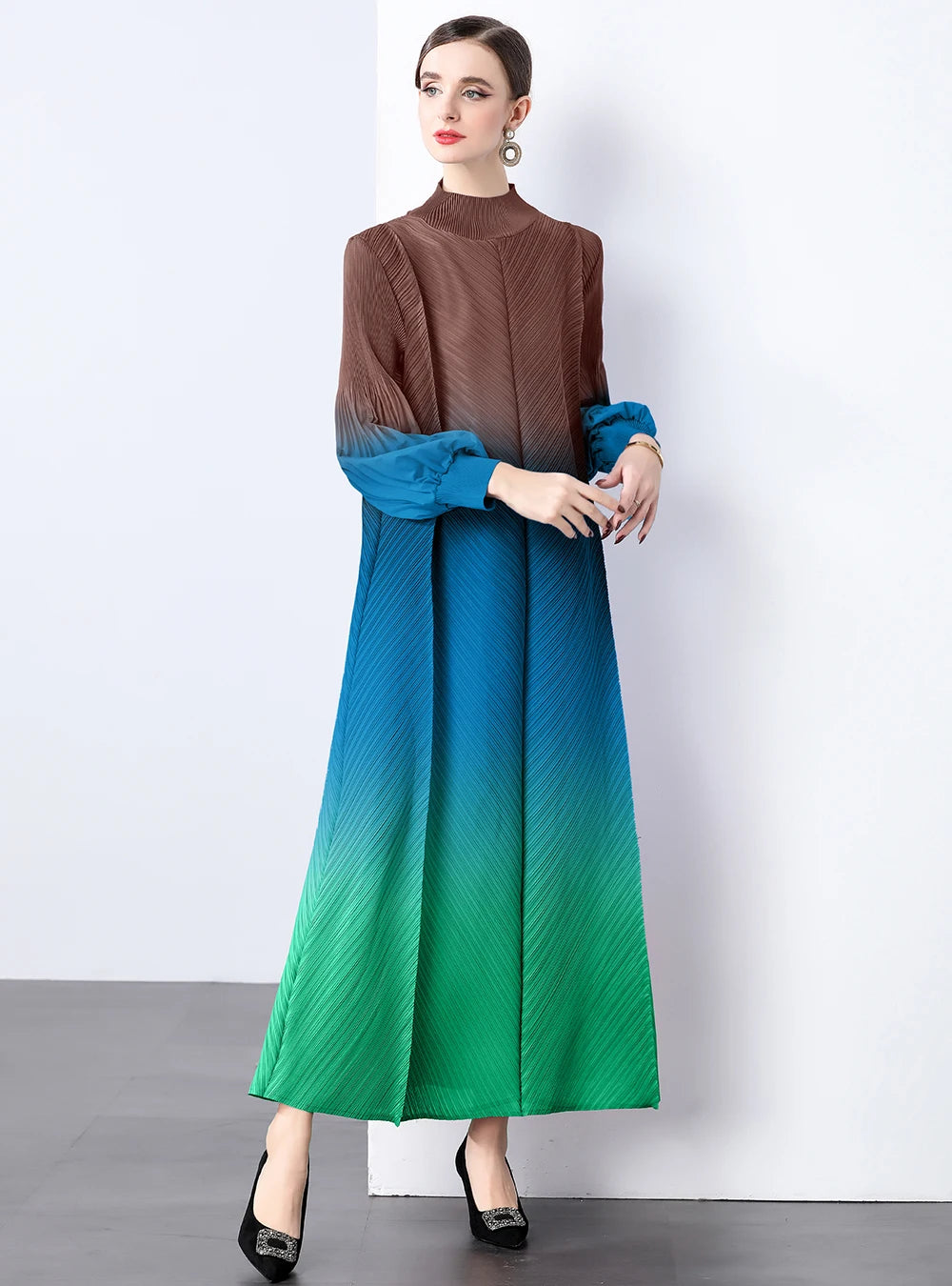 Miyake Wrinkles Pleated Printed Chiffon Maxi Dresses Middle Eastern Clothing Women Loose Women High Neck Long Sleeves Stitching