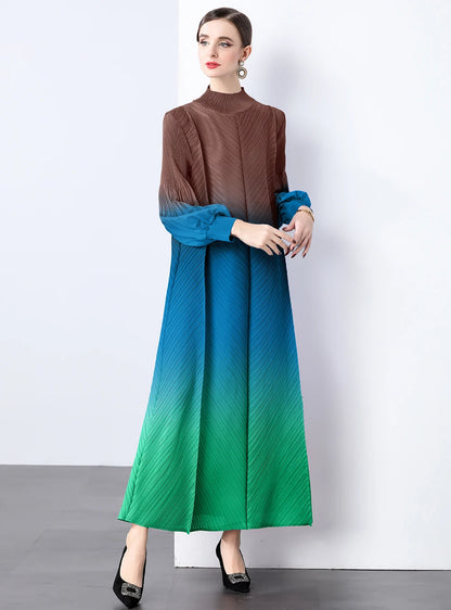 Miyake Wrinkles Pleated Printed Chiffon Maxi Dresses Middle Eastern Clothing Women Loose Women High Neck Long Sleeves Stitching
