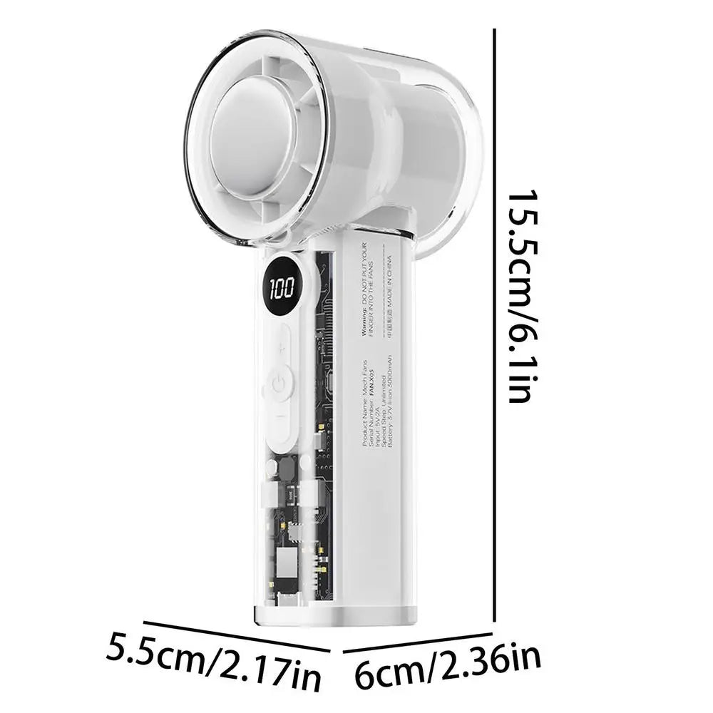 Portable handheld transparent mini fan with cooling function, adjustable wind speed 1-100, mini rechargeable personal fan