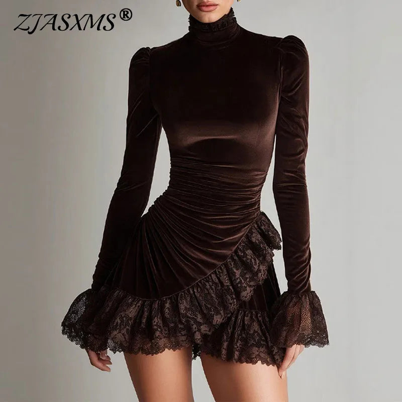 Elegant Turtleneck Solid Velvet Evening Dress Woman Sexy Patchwork Lace Slim Mini Dress Autumn Flare Long Sleeve Lady Hips Dress