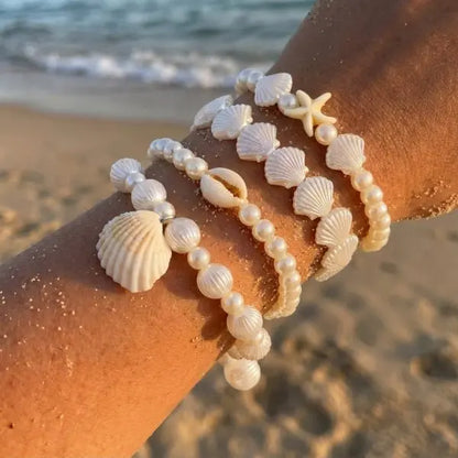 Cute Coral Starfish Shell Multi-Layer Bracelet for Women Ocean Series Fashion Stackable Beaded Jewelry Accessories