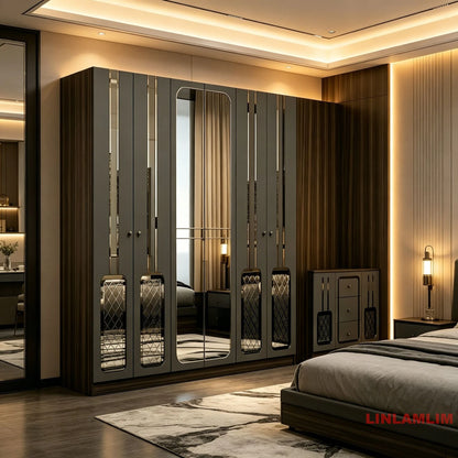 Modern Luxury Turkish style Bedroom Set – King Bed with Upholstered Headboard, Nightstands, Wardrobe with Mirrored Door, Dresser