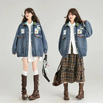 French Female Jacquard Bow Jeans Jacket Ladies Fashion Leisure Cowboy Outwear Spring Autumn Women Long Sleeves Denim Tops Coat
