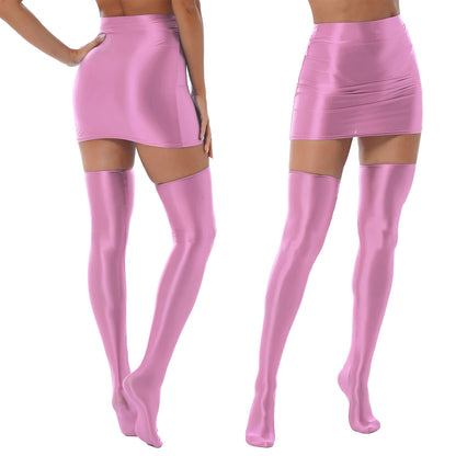 Women's Shiny Skirt Set Glossy Solid Color Lingerie Suit with Stockings Rave Bar Pole Dance Outfit Clubwear Performance Femme