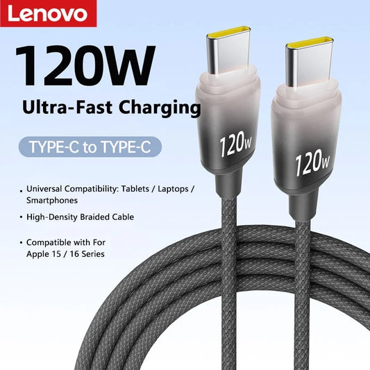 Lenovo 120W USB C Cable For IPhone 16 15 Pro Plus Type C Cable For Laptops Fast Charging Cable Type C For Xiaomi Samsun Huawei