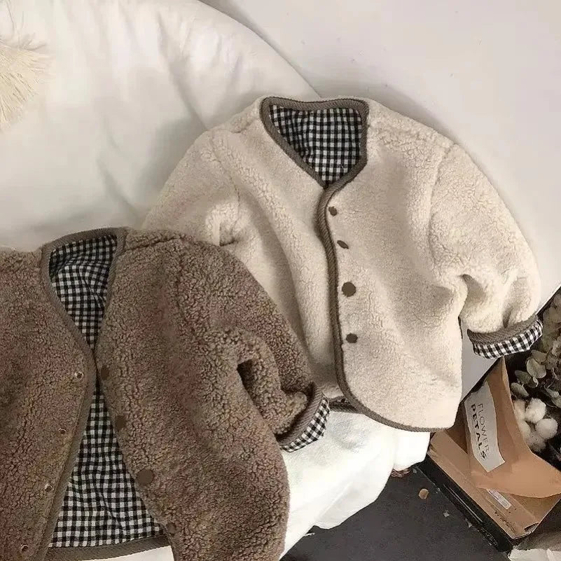 Neue Herbst- und Winterjacke für Kinder: Warme, beidseitig tragbare karierte Plüschjacke, Winterkleidung für Mädchen