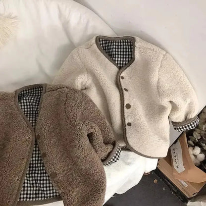 Neue Herbst- und Winterjacke für Kinder: Warme, beidseitig tragbare karierte Plüschjacke, Winterkleidung für Mädchen