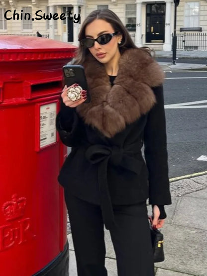 Street Women's Double Breasted Cropped Trench Coat With Faux Fur Collar Loose Full Sleeve Pocket Jacket 2025 Autumn Lady Outwear