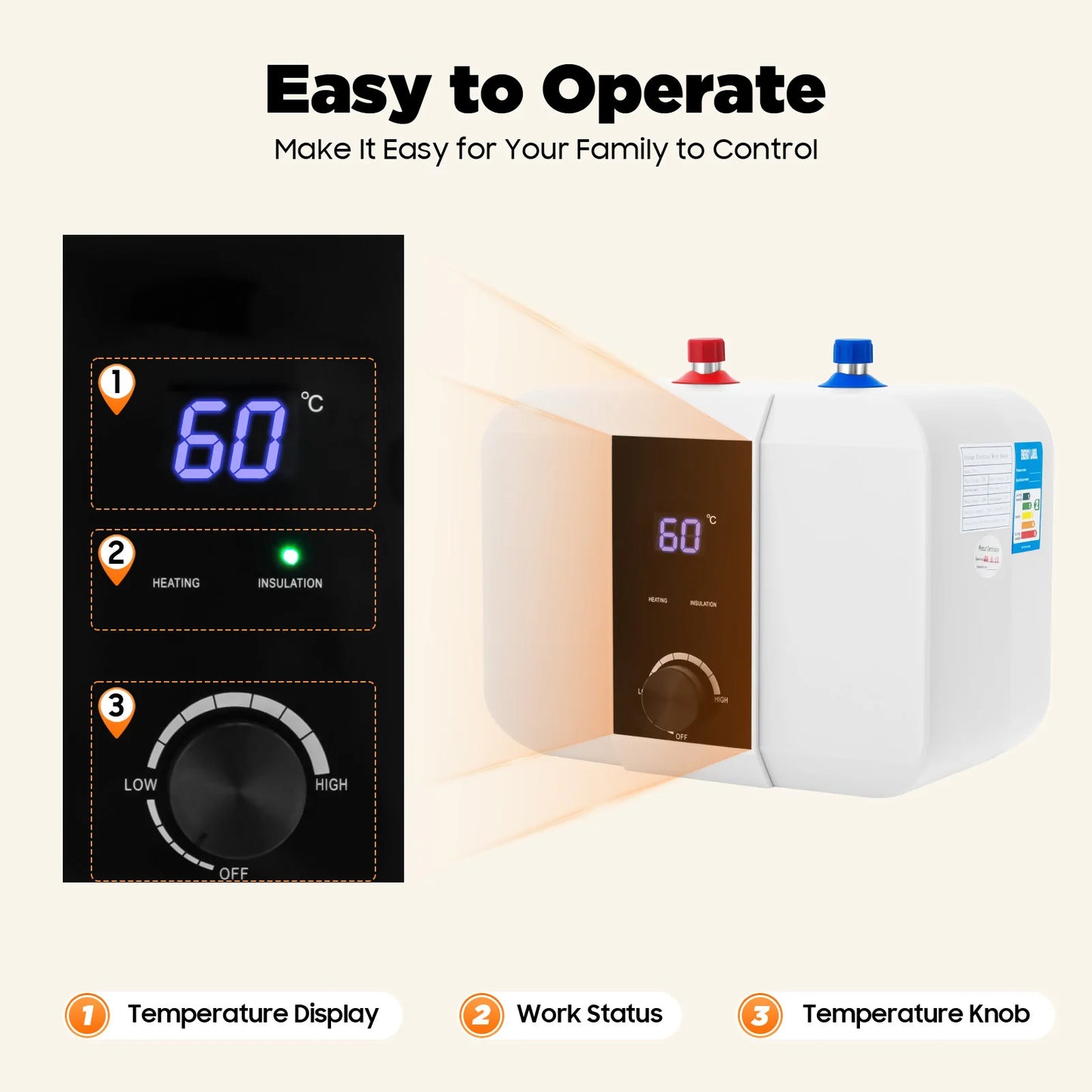 1500W Electric Hot Water Heater 6L/1.59Gal Mini Tank Water Heater Knob Control Compact Kitchen Undersink Water Heater