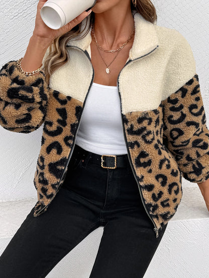 Women's Classic Leopard Print Patchwork Furry Zipper Jacket Trendy Outerwear for Cross-Border Foreign Trade