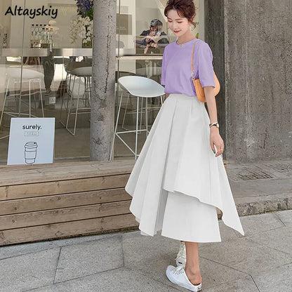 Asymmetrical Skirts Women Fashion Korean Elegant Sweet Females Design High Waist Lovely Solid Casual Summer Clothes Vintage New