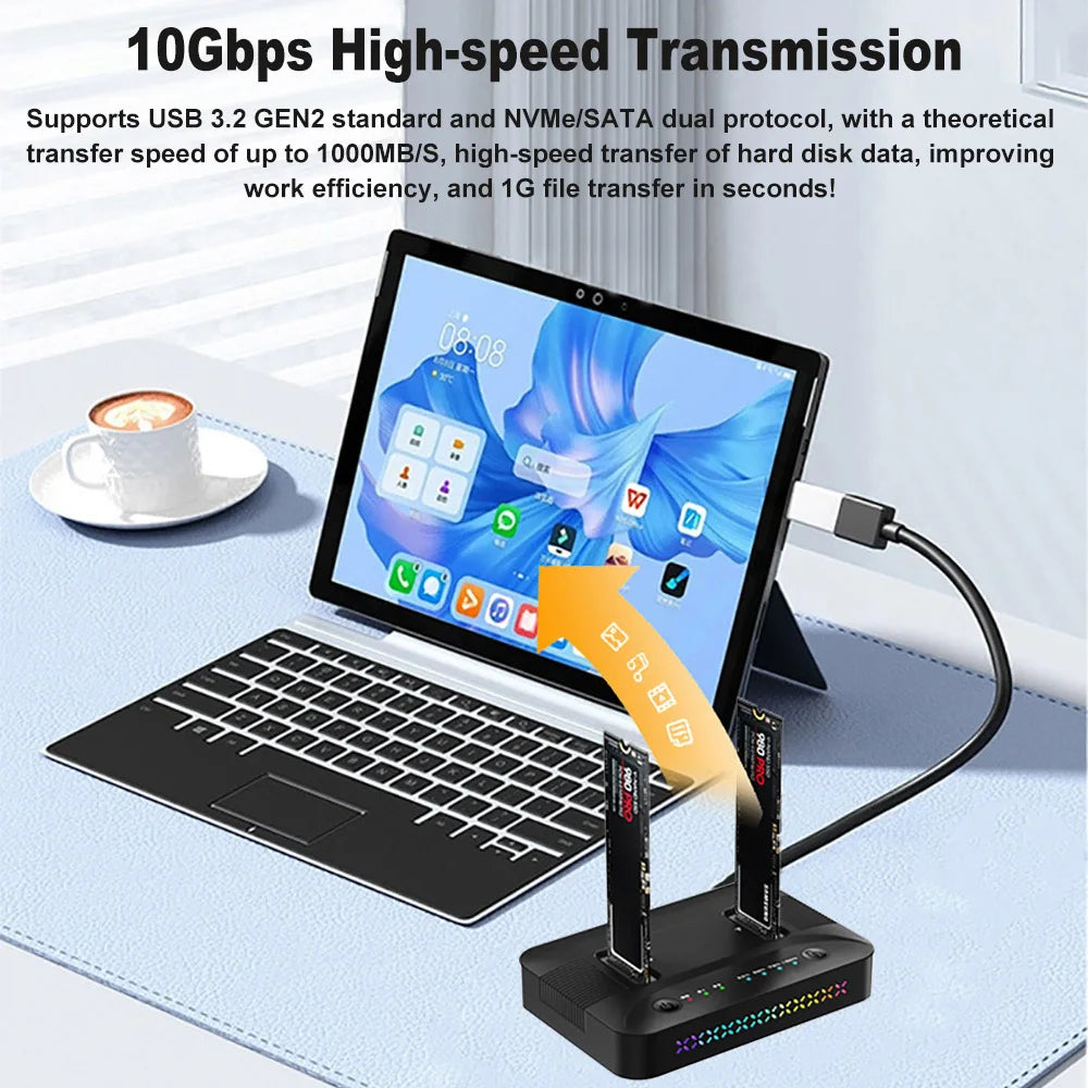 Dual Bays M.2 SSD Docking Station Type C USB 3.1 10Gbps M.2 NVME SATA NGFF Dual Protocol SSD Enclosure OFFline Disk Duplicator
