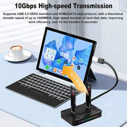 Dual Bays M.2 SSD Docking Station Type C USB 3.1 10Gbps M.2 NVME SATA NGFF Dual Protocol SSD Enclosure OFFline Disk Duplicator
